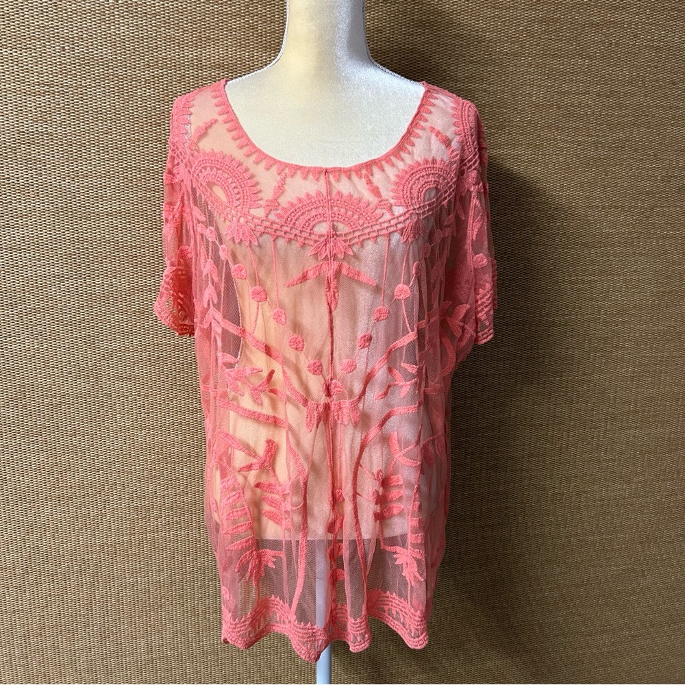 Cato Blouse Women 22/24W Coral Crochet Lace Sheer Top